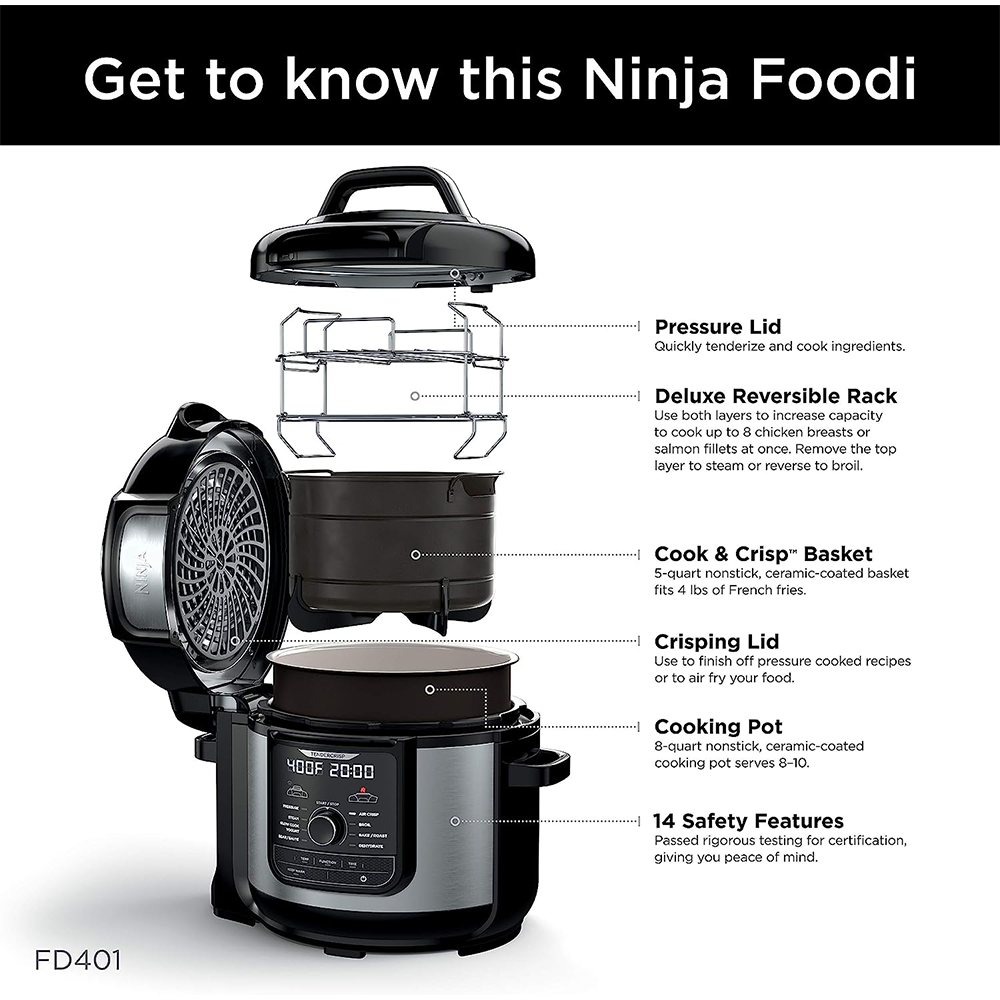 Ninja FD401 Foodi 12-in-1 Deluxe XL 8 qt. Pressure Cooker & Air Fryer that Steams, Slow Cooks, Sears, Sautés, Dehydrates & More, with 5 qt. Crisper Basket, Deluxe Reversible Rack & Recipe Book