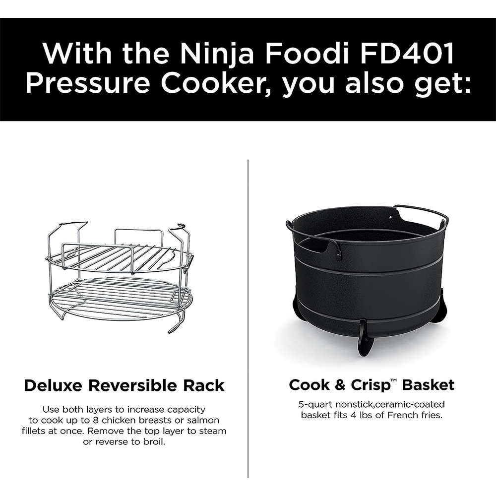 Ninja FD401 Foodi 12-in-1 Deluxe XL 8 qt. Pressure Cooker & Air Fryer that Steams, Slow Cooks, Sears, Sautés, Dehydrates & More, with 5 qt. Crisper Basket, Deluxe Reversible Rack & Recipe Book