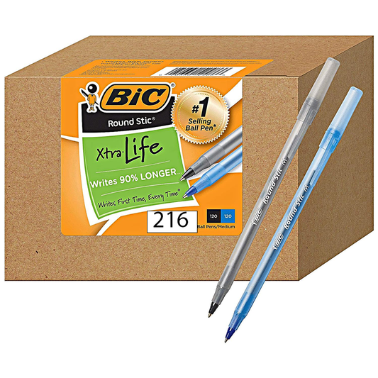 BIC Round Stic Grip Xtra Comfort Ball Pen, Medium Point (1.2 mm), Blue, 36-Count , 6 packs in 1 box (216 pens)