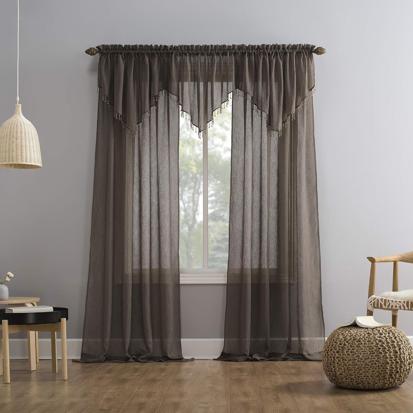 Erica Crushed Sheer Voile Rod Pocket Curtain Panel, 51" x 63", Cocoa Brown