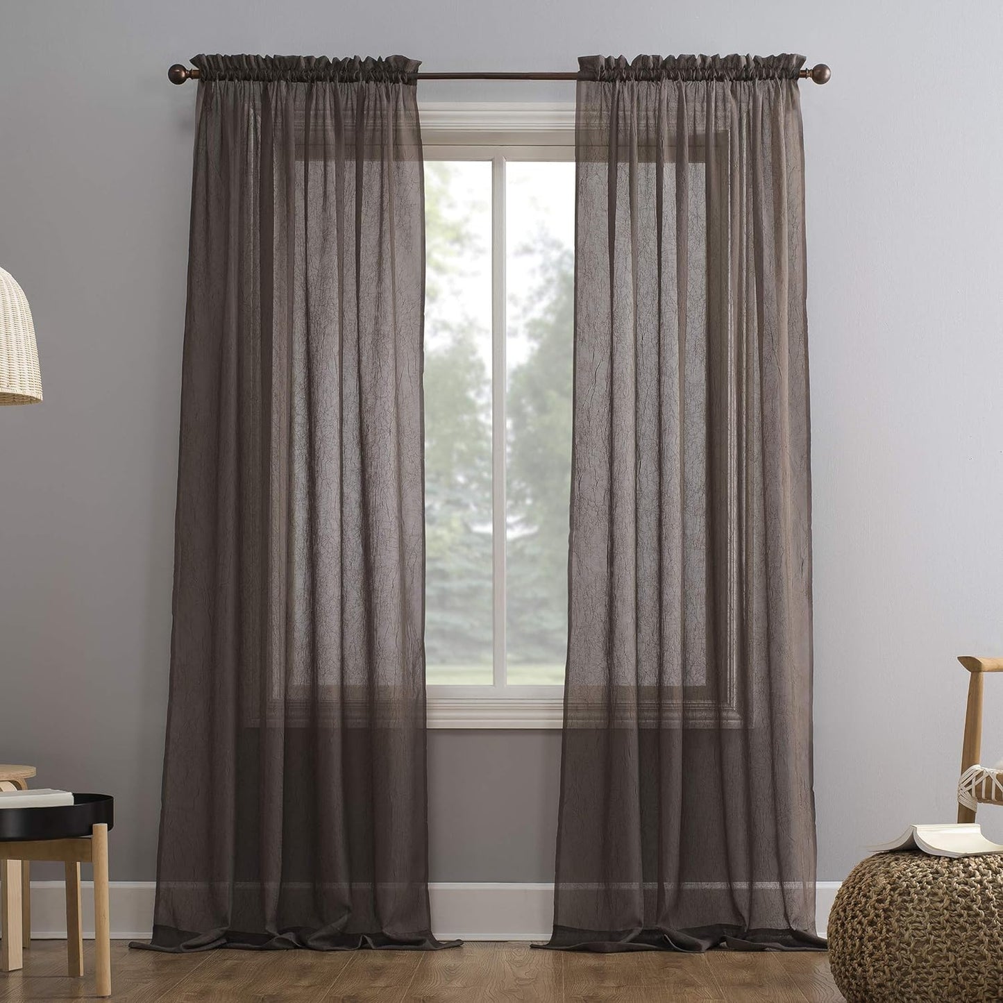 Erica Crushed Sheer Voile Rod Pocket Curtain Panel, 51" x 63", Cocoa Brown