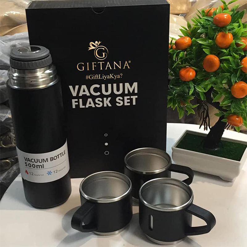 Giftana Vacuum Flask Set with 3 Stainless Steel Cups Combo